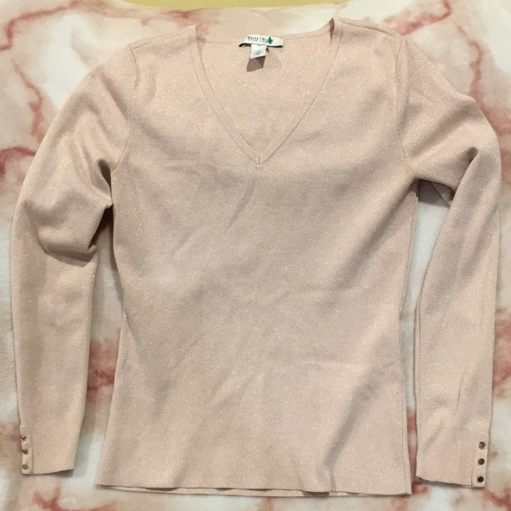 White House Black Market Size Small Blush Pink Gold Glitter Knit V Sweater RS